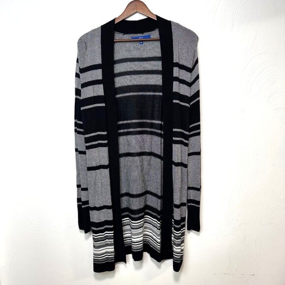 Apt. 9 Open Front Longline Cardigan Black Gray Striped Knit Sweater Womens Large - Picture 1 of 4